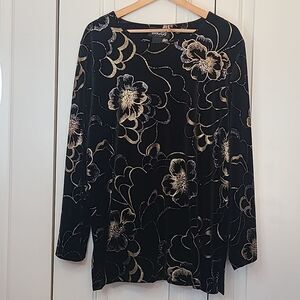BRIGGS Gold Silver Floral Applique Long Sleeve Stretch Velvet Tunic Top Size XL